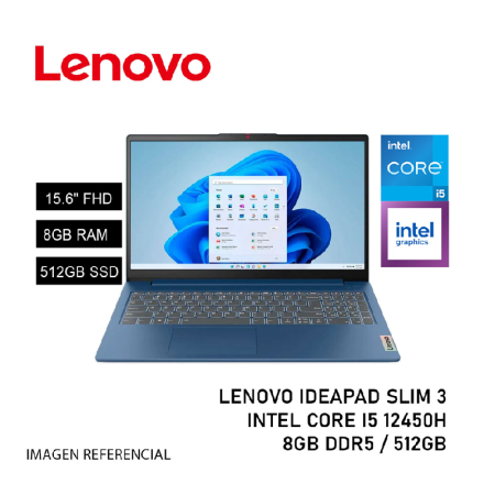 (S)LENOVO IDEAPAD SLIM 3 INTEL CORE I5 12450H 8GB RAM DDR5 NVME 512GB 15.6 PULG