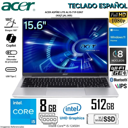Laptop Acer Aspire 3 de 15.6", Intel Core i5 1235U (12va Gen), 10 núcleos, 16GB RAM, disco sólido de 512GB
