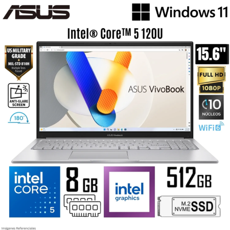 Laptop Asus Vivobook 15 X1504VA-NJ686W Intel Core 5 120U 8GB RAM 512GB SSD 15.6" FHD - Silver