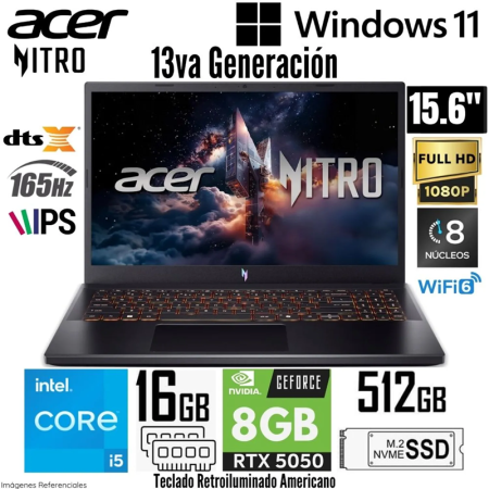 Laptop Acer Nitro V15 ANV15-52-57BB Intel Core i5-13420H 16GB RAM 512GB SSD RTX 5050-8GB 15.6" FHD 165Hz