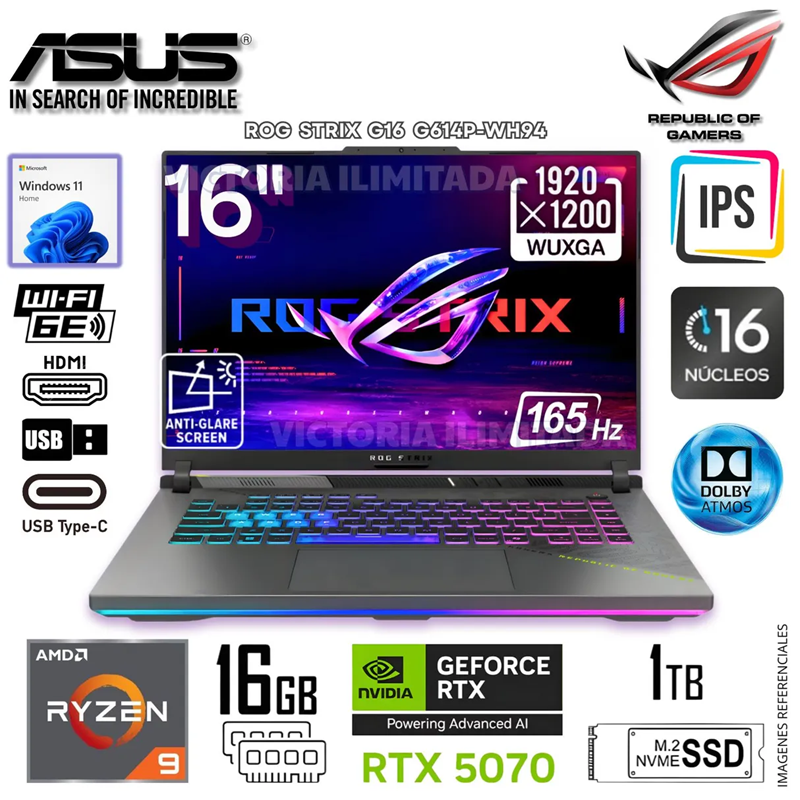Laptop Gamer Asus ROG STRIX G16 G614P-WH94 Ryzen 9-8940HX 16GB RAM 1TB SSD RTX5070-8GB 16FHD+ 165HZ