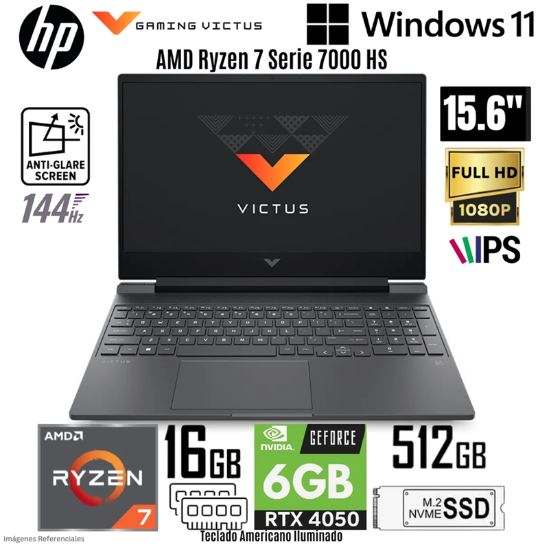 Laptop HP Victus 15-FB3093DX AMD Ryzen 7 7445HS 16GB RAM 512GB SSD RTX 4050-6GB 15.6" FHD Win 11